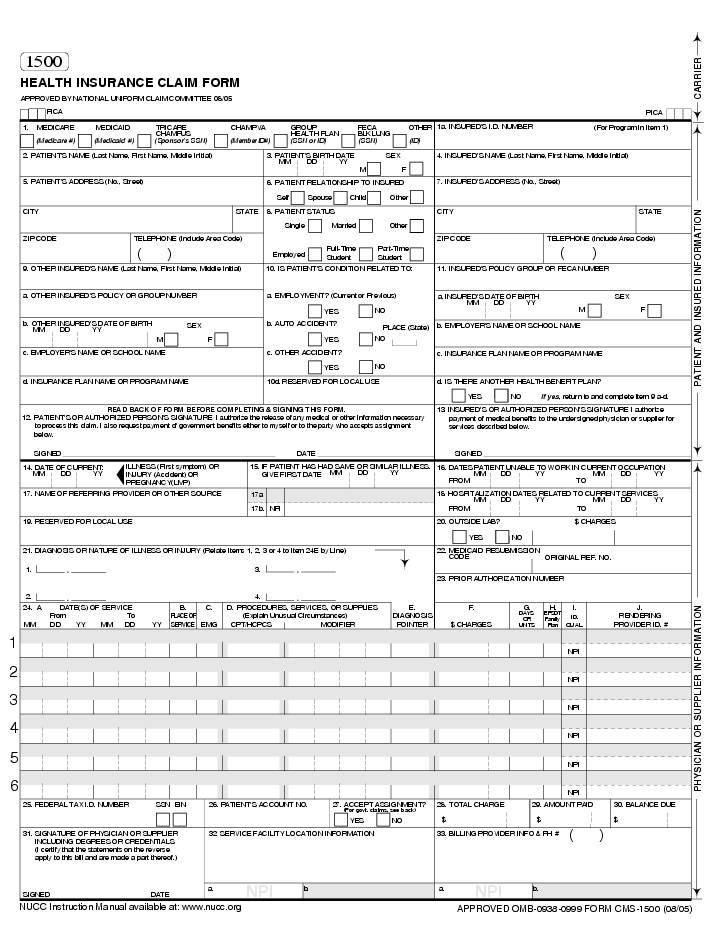 Free Printable 1500 Health Insurance Claim Form Printable Forms Free 