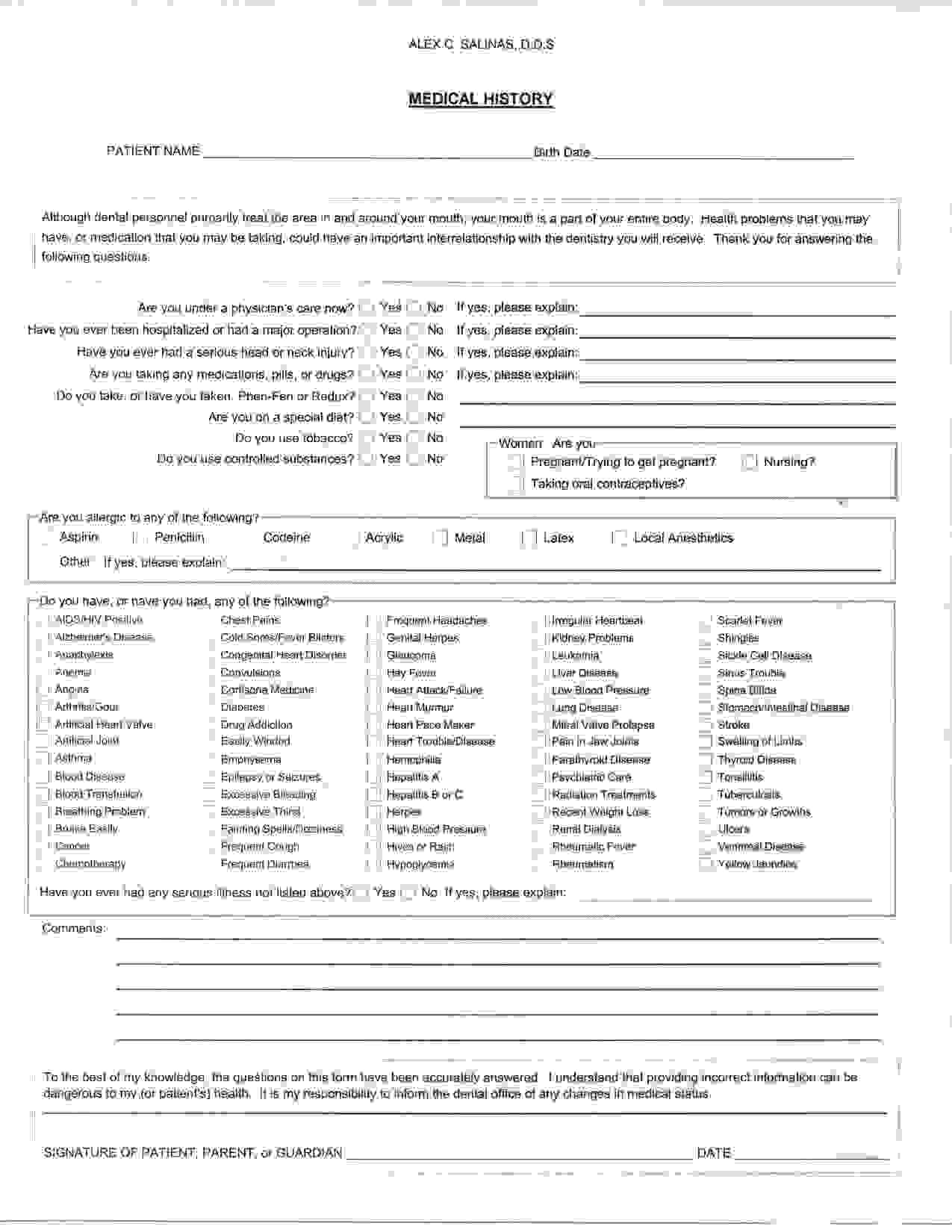 Medical History Form For Dental Office templates free printable