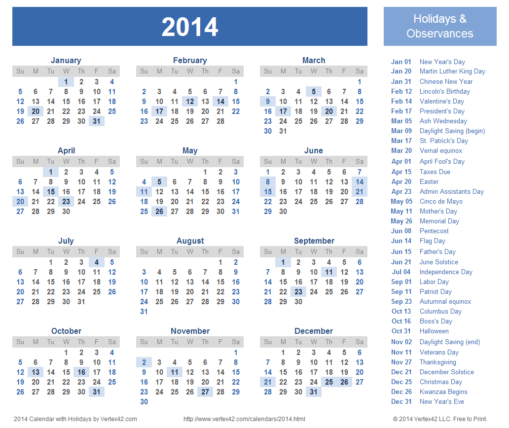 2014 Yearly Calendar Template | doliquid