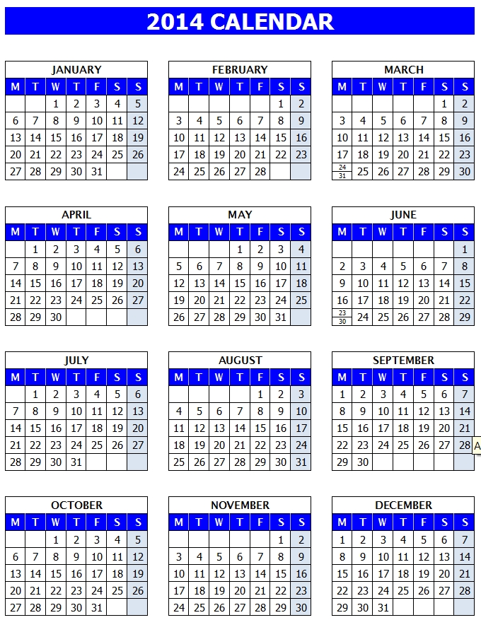 2014 Calendar Excel 13 free printable templates (.xls)