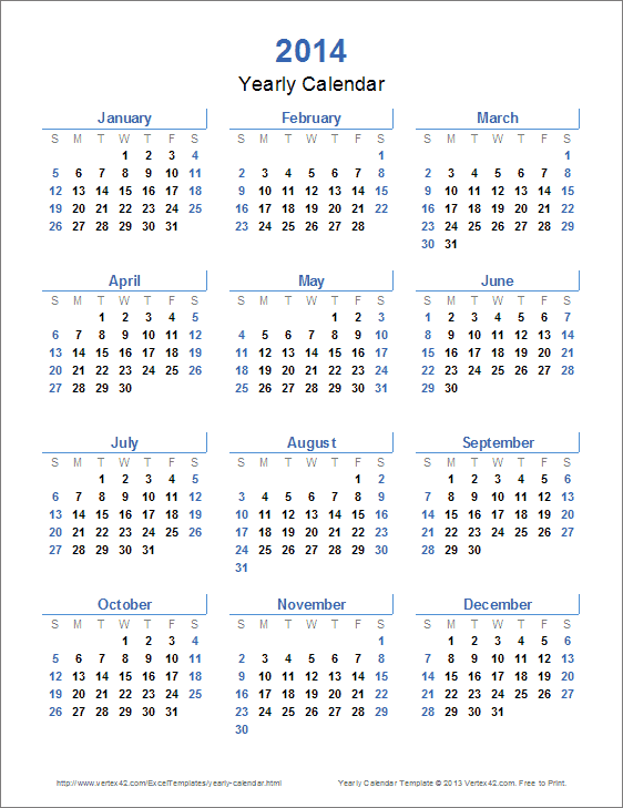 2014 Yearly Calendar | yearly calendar printable