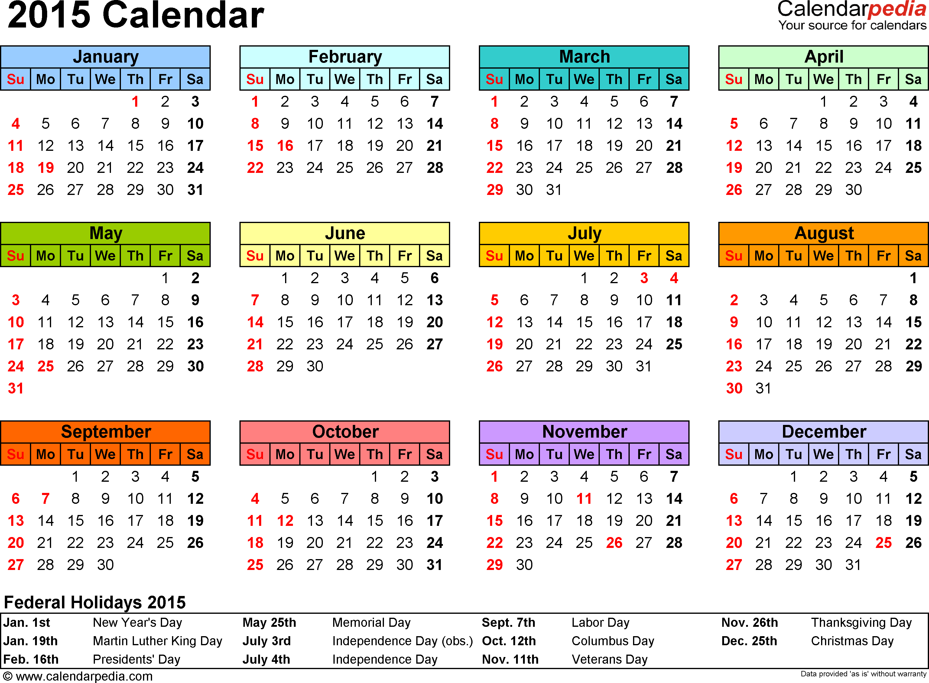 2015 Calendar Blank Printable Calendar Template in PDF Word Excel