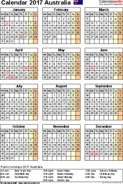Australia Calendar 2017 free printable Excel templates