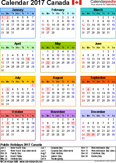 Canada Calendar 2017 free printable Excel templates