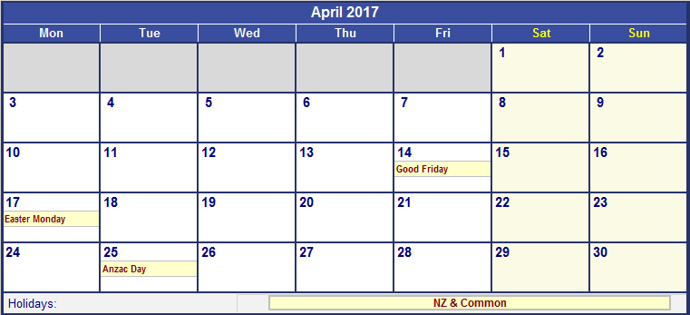 April 2017 Calendar Nz | 2017 calendar with holidays
