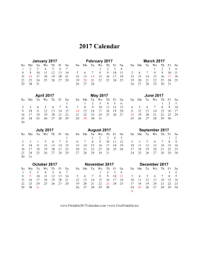 Printable 2017 Calendar on one page (vertical holidays in red)