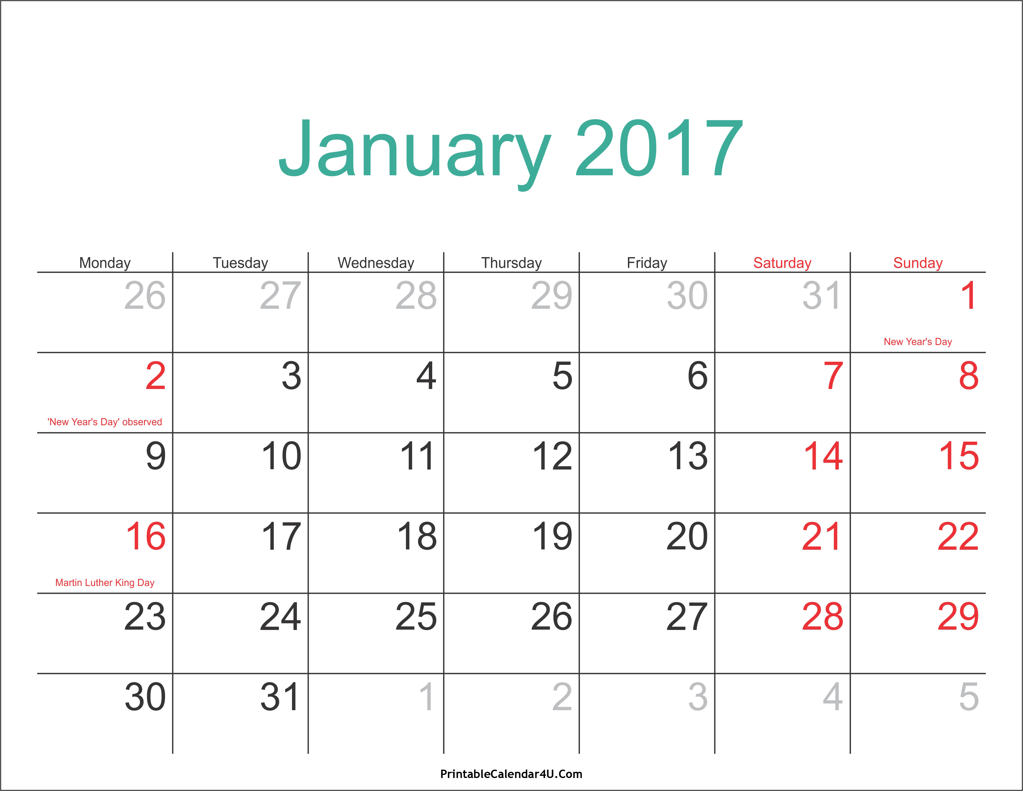 January calendar 2017 in pdf