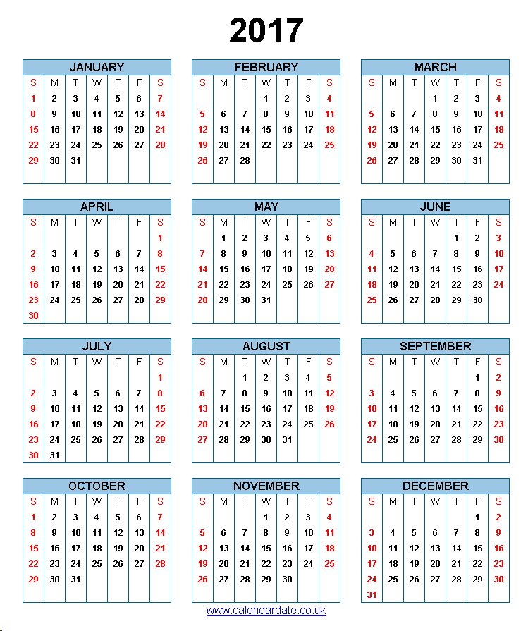 2017 Calendar UK