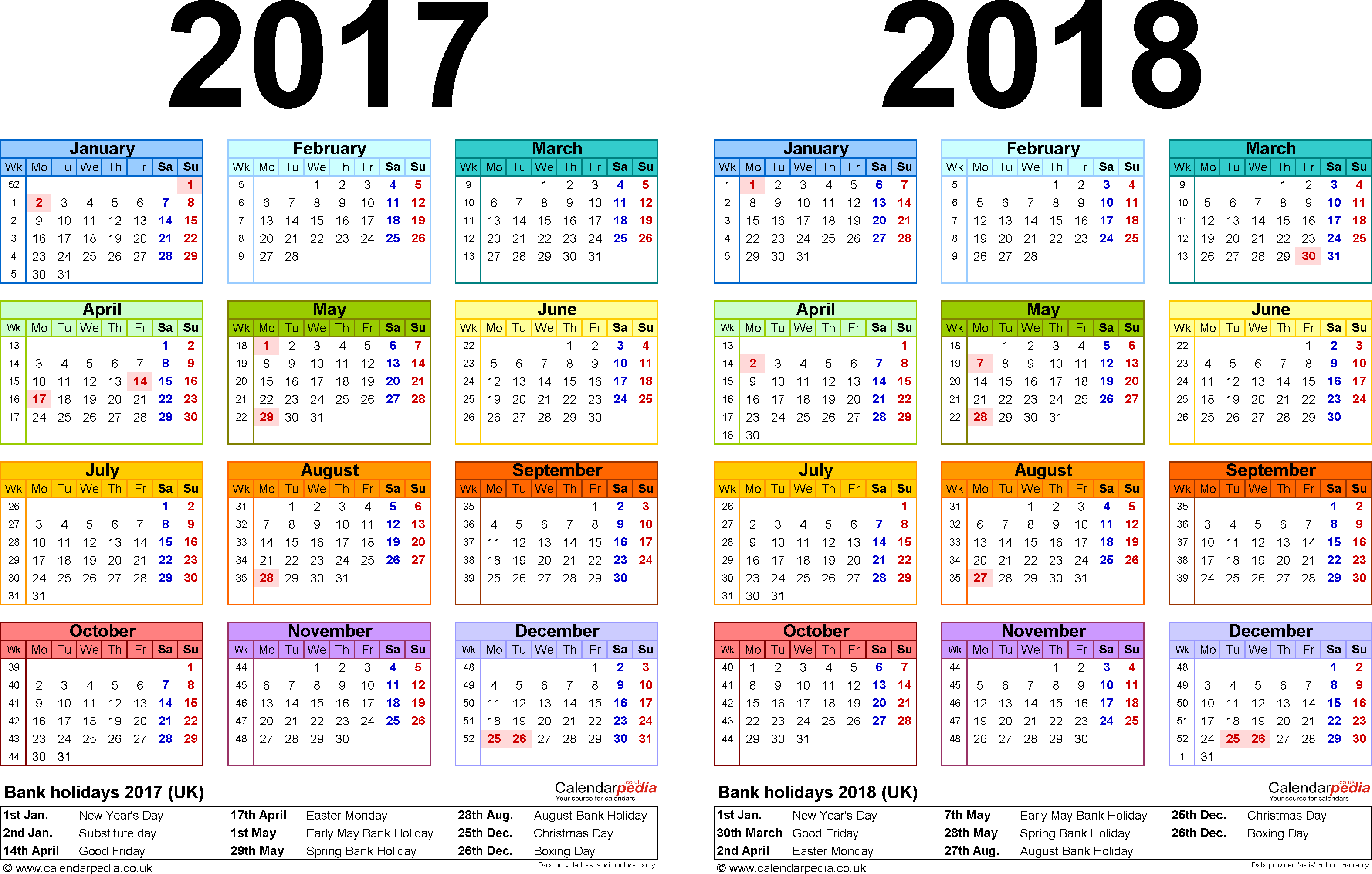 Two year calendars for 2017 & 2018 (UK) for Word