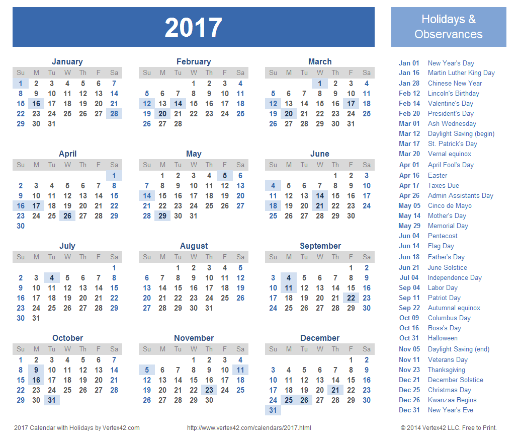 Calendar of 2017 (With Federal Public Holidays of USA) – Printable Calendar of 2017 (With Federal Public Holidays of USA) – Printable