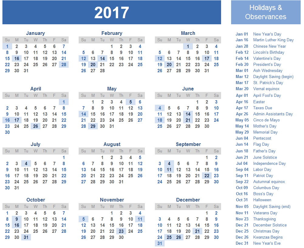 2017 Calendar with Holidays [US, UK, Canada] | Free Printable 