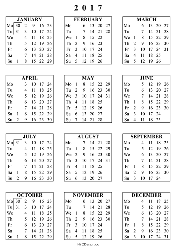 2017 Wallet Calendar | yearly calendar printable