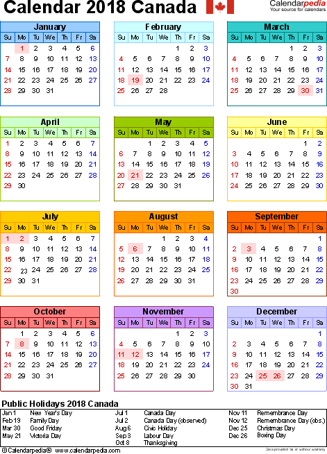 Canada Calendar 2018 free printable Excel templates