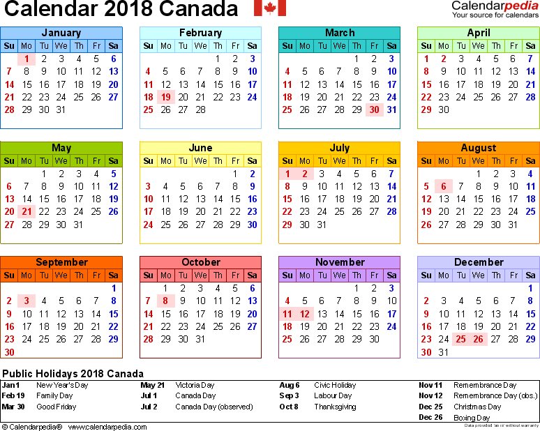 Canada Calendar 2018 free printable Excel templates