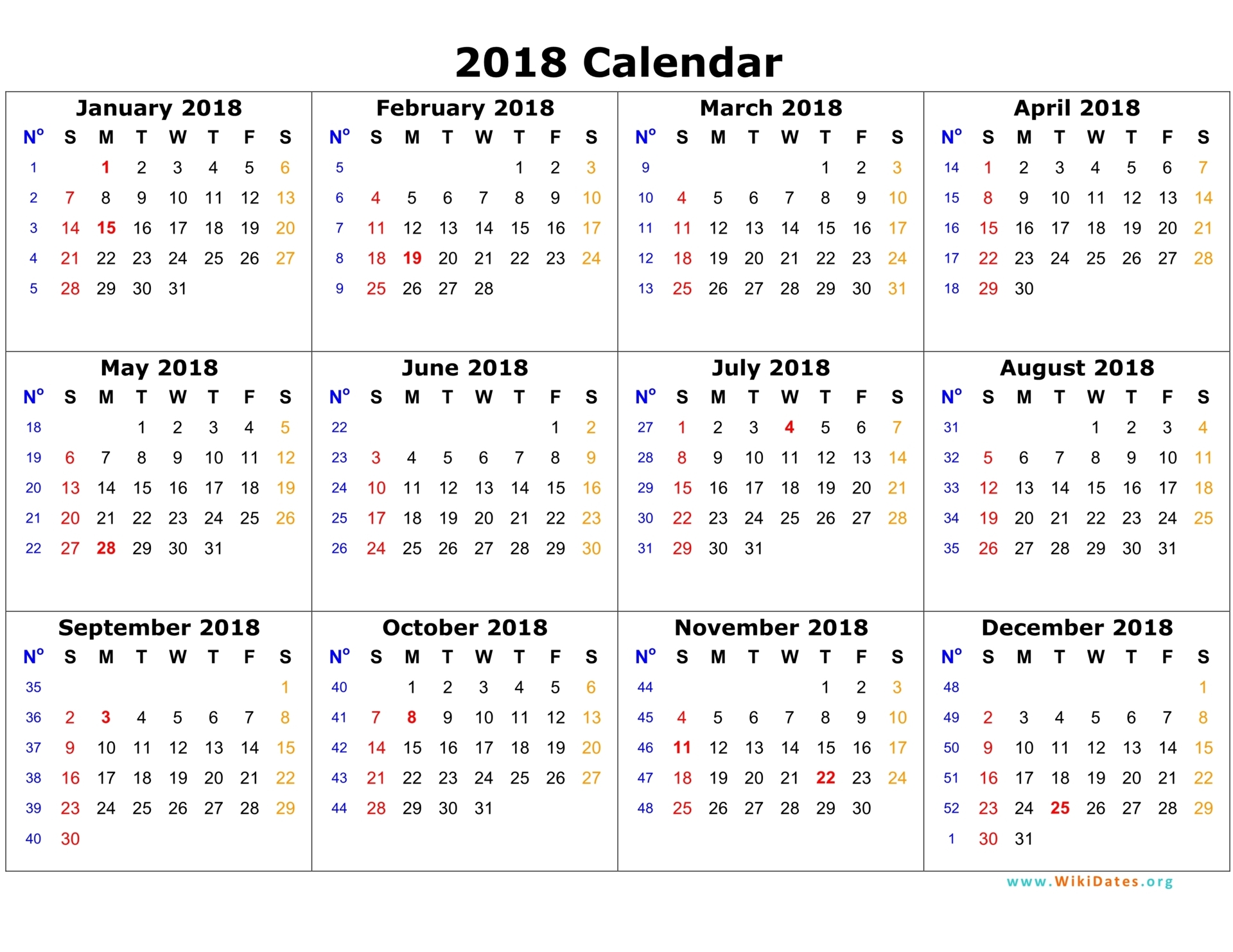 2018 Calendar In Word | yearly calendar printable
