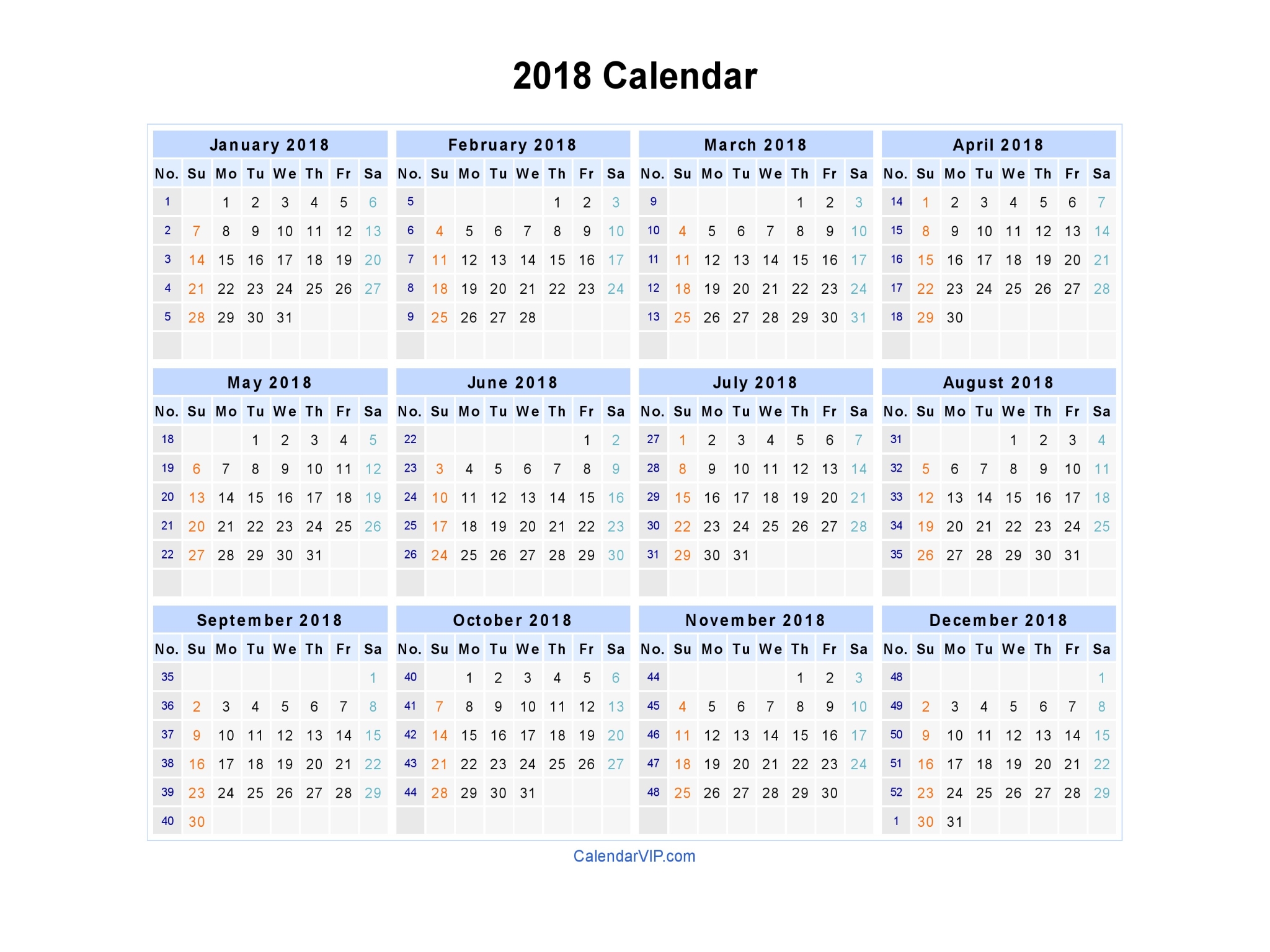 2018 Calendar Blank Printable Calendar Template in PDF Word Excel