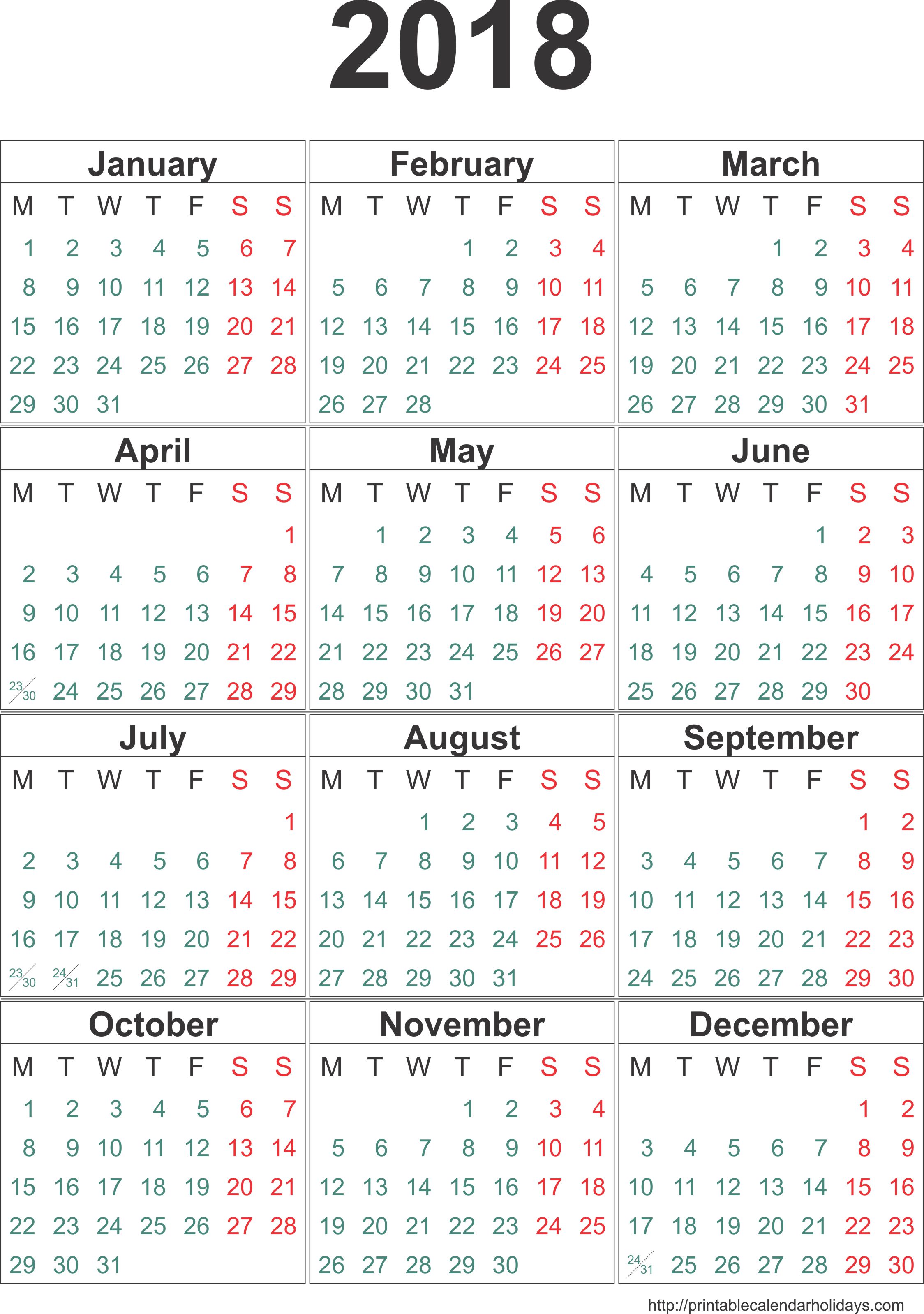 2018 Calendar One Page | yearly calendar template