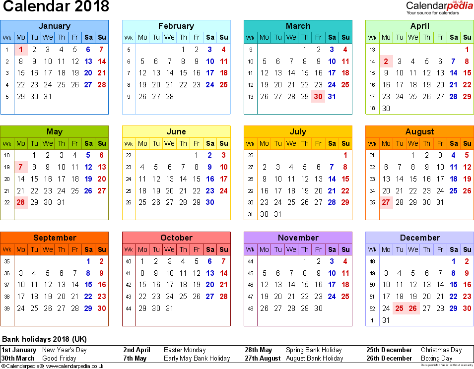 Excel Calendar 2018 (UK): 16 printable templates (xls/xlsx, free)