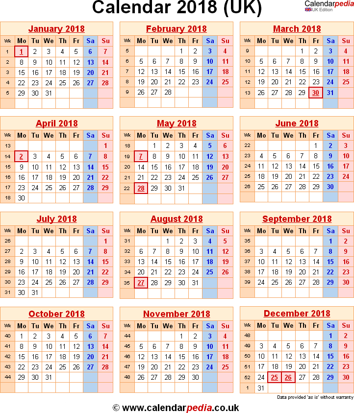 Calendar 2018 UK with bank holidays & Excel/PDF/Word templates