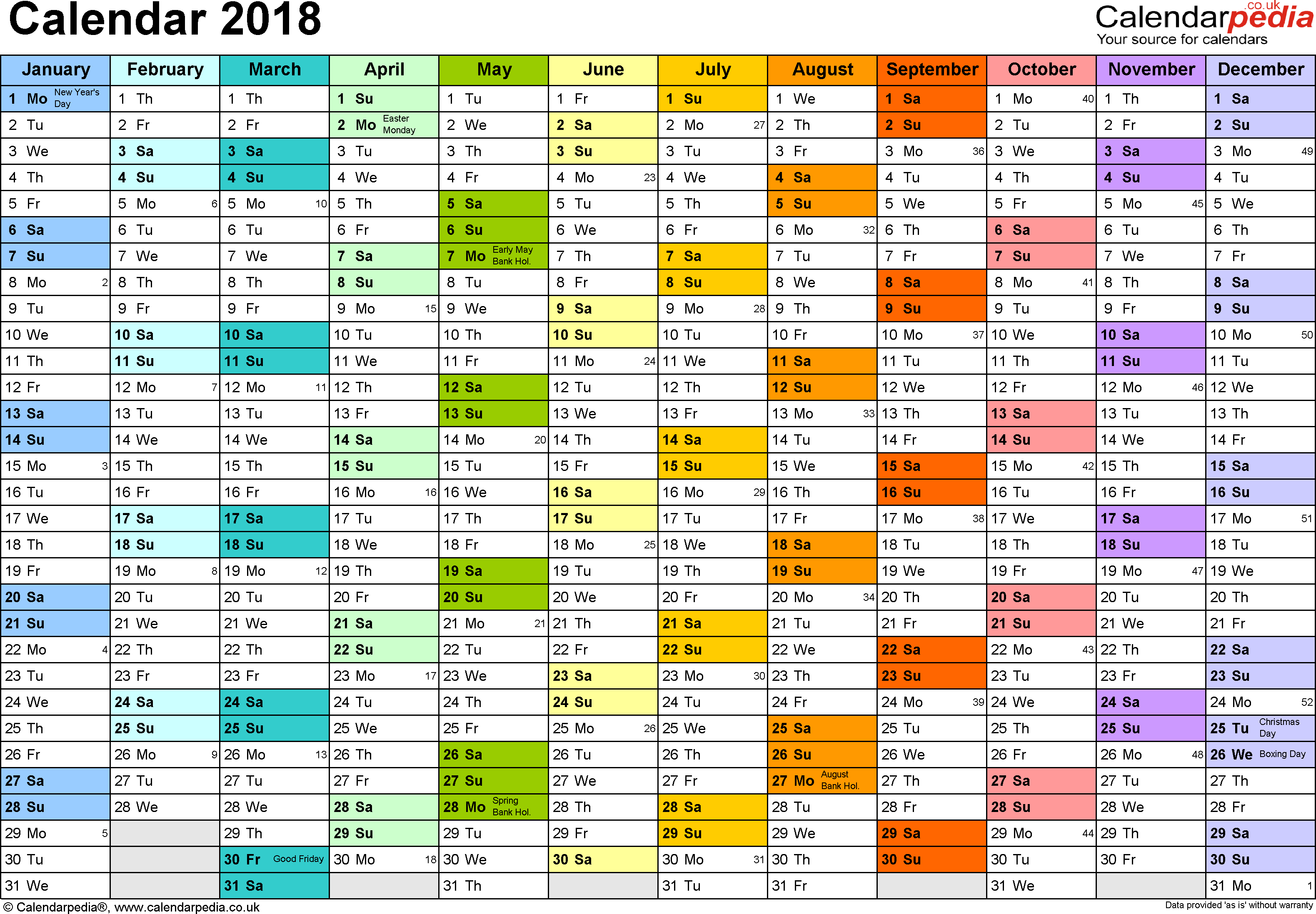 Excel Calendar 2018 (UK): 16 printable templates (xls/xlsx, free)