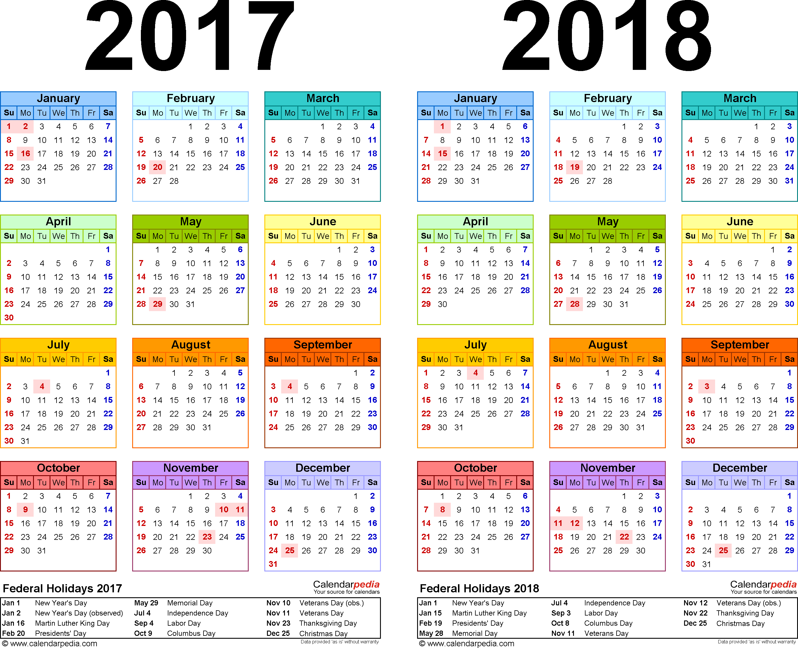 2017 2018 Calendar free printable two year PDF calendars