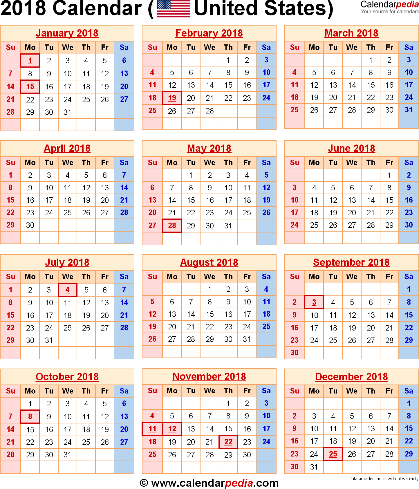 2018 Calendar with Federal Holidays & Excel/PDF/Word templates