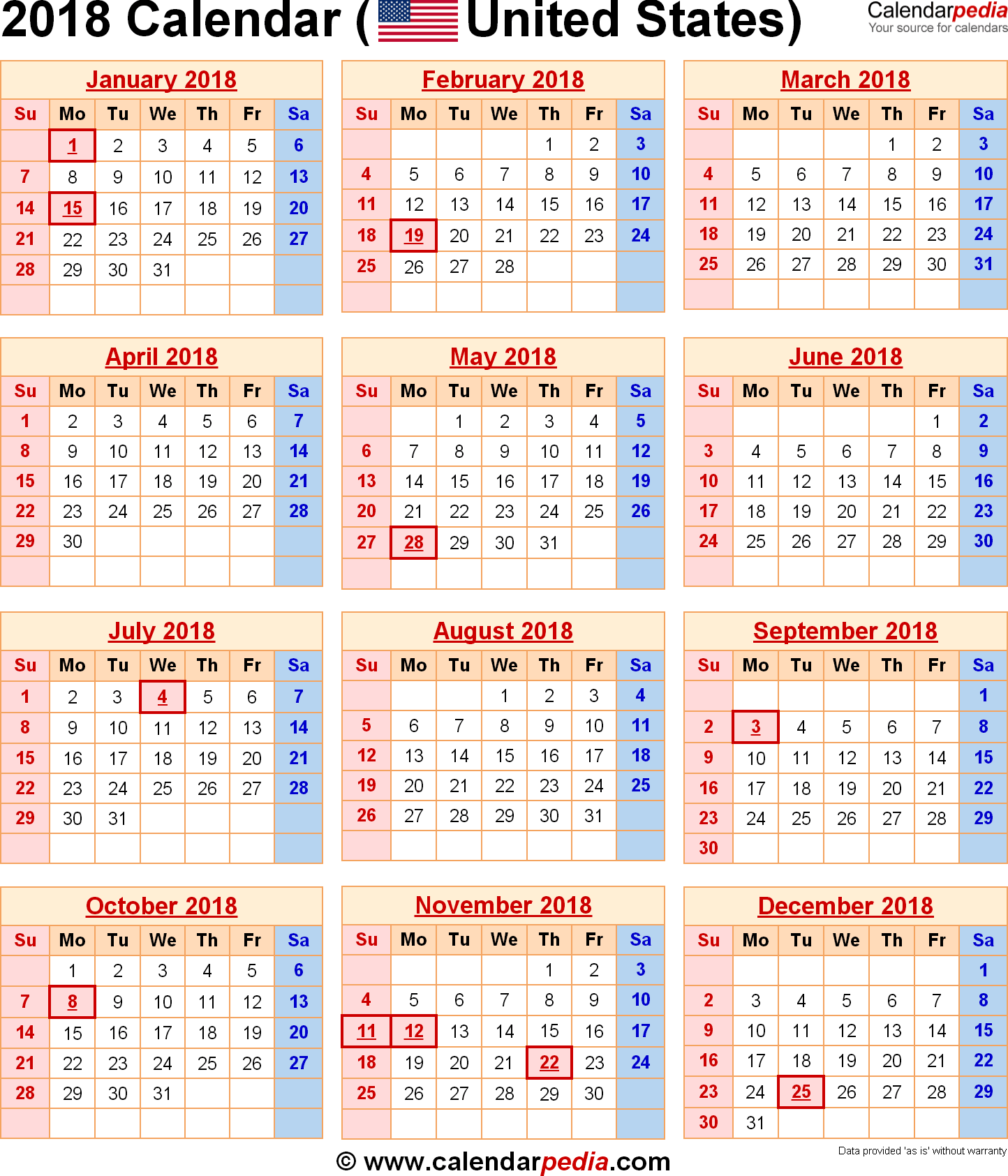 2018 Calendar with Federal Holidays & Excel/PDF/Word templates 2018 Calendar with Federal Holidays & Excel/PDF/Word templates