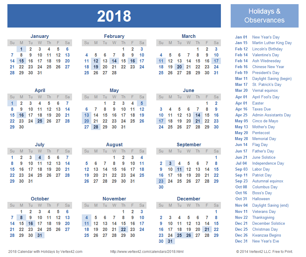 2018 Calendar With Holidays – 2017 printable calendar 2018 Calendar With Holidays – 2017 printable calendar