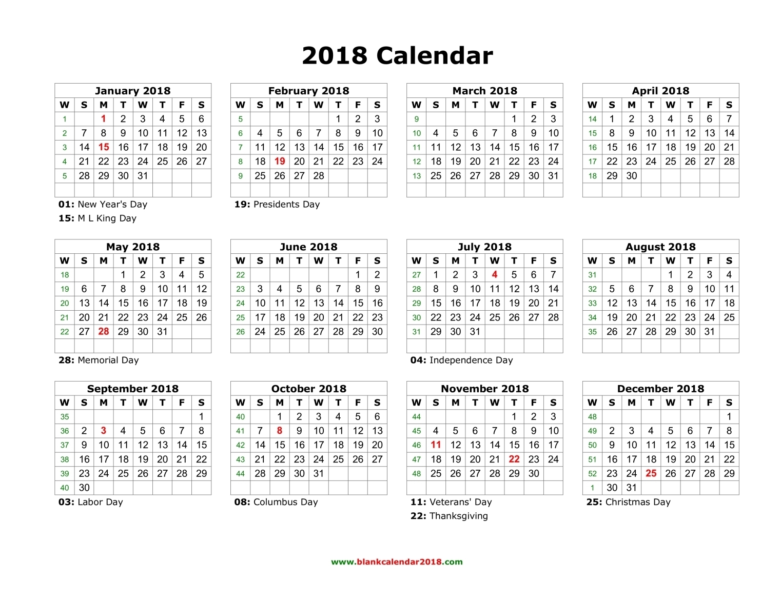 Blank Calendar 2018