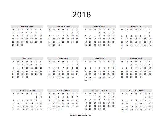 2018 Calendar Printable | yearly calendar template