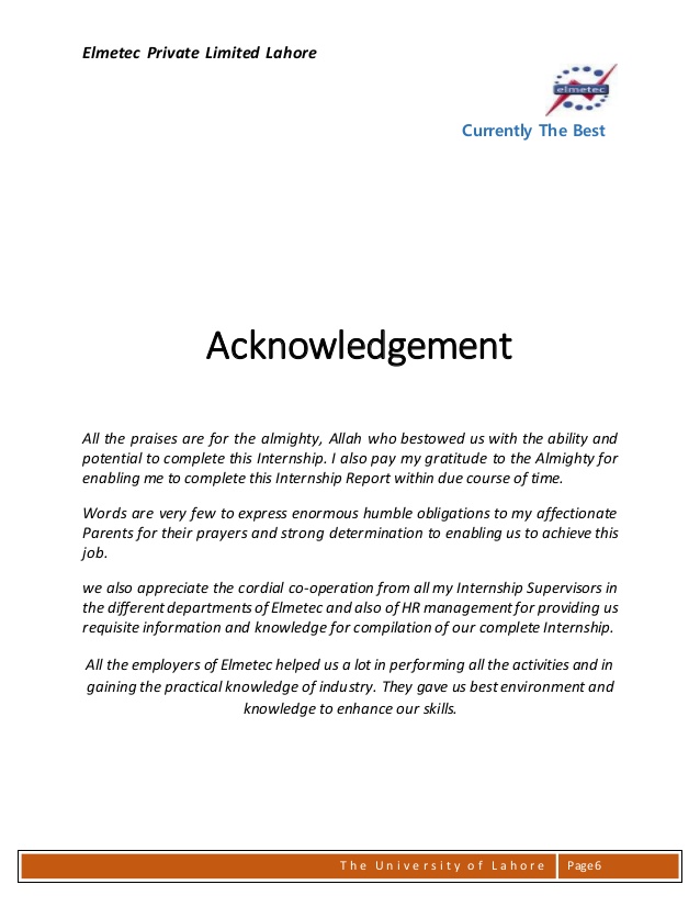 Acknowledgement Sample For Internship Report | templates free printable