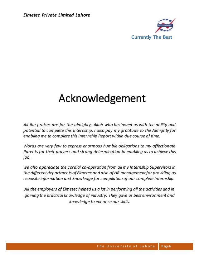 Acknowledgement Sample For Internship Report Templates Free Printable