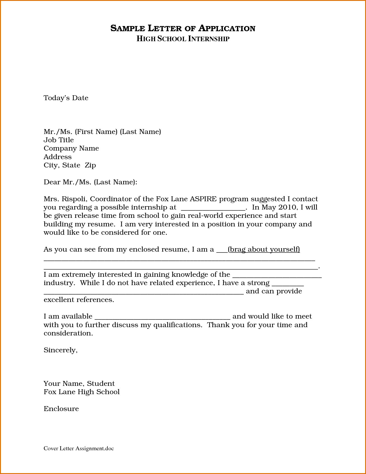 Application Letter For Teacher High School