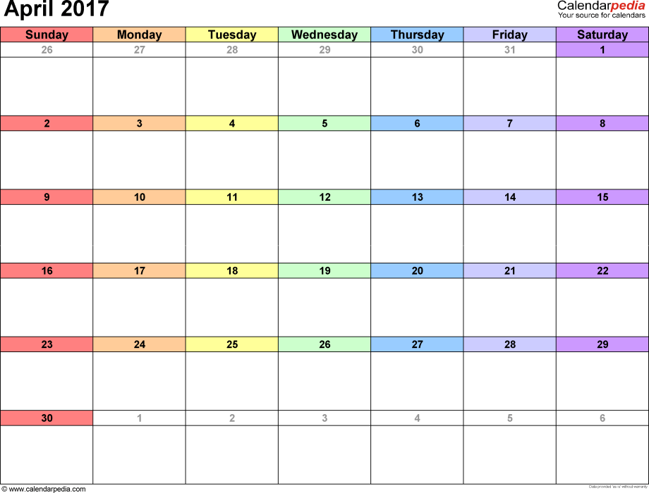 April 2017 Calendars for Word, Excel & PDF