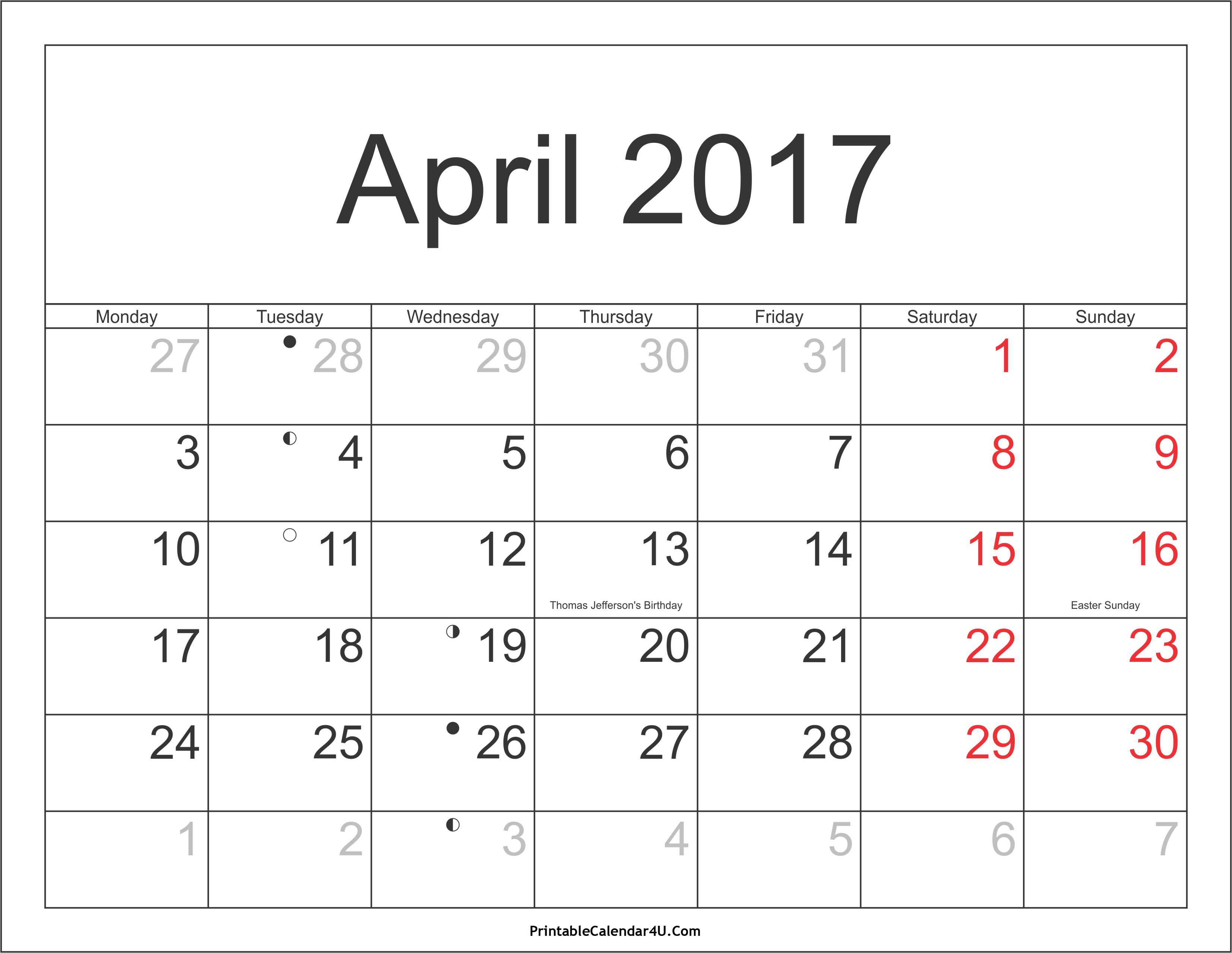 April 2017 Calendar | yearly calendar printable
