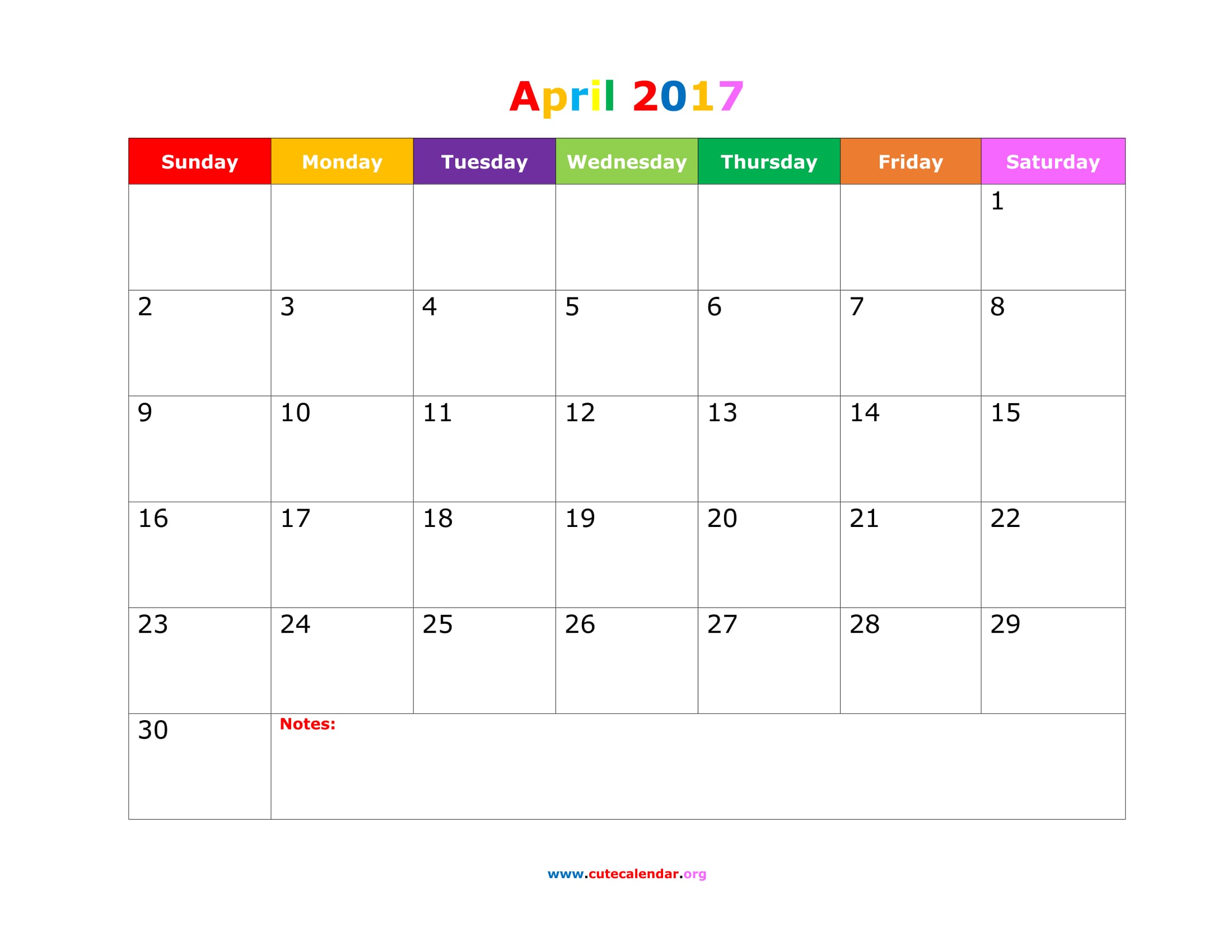 Cute April 2017 Calendar