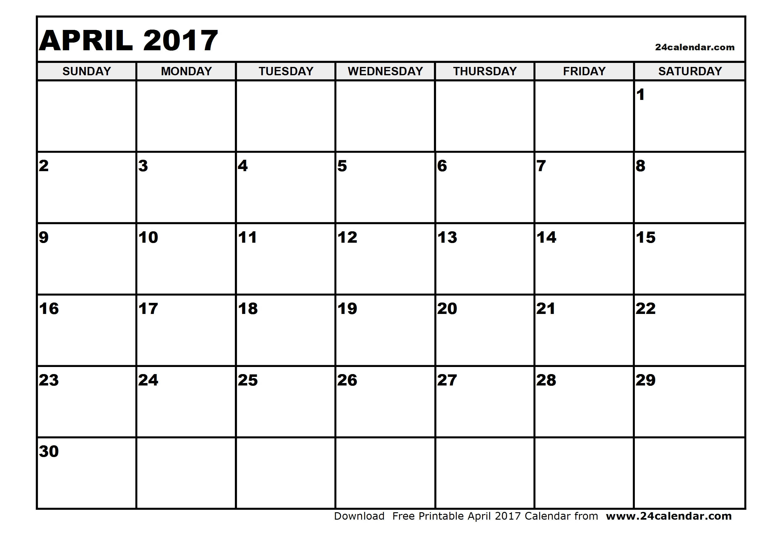 Blank April 2017 Calendar in Printable format.