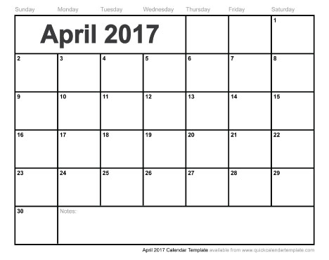 Blank April 2017 Calendar | weekly calendar template
