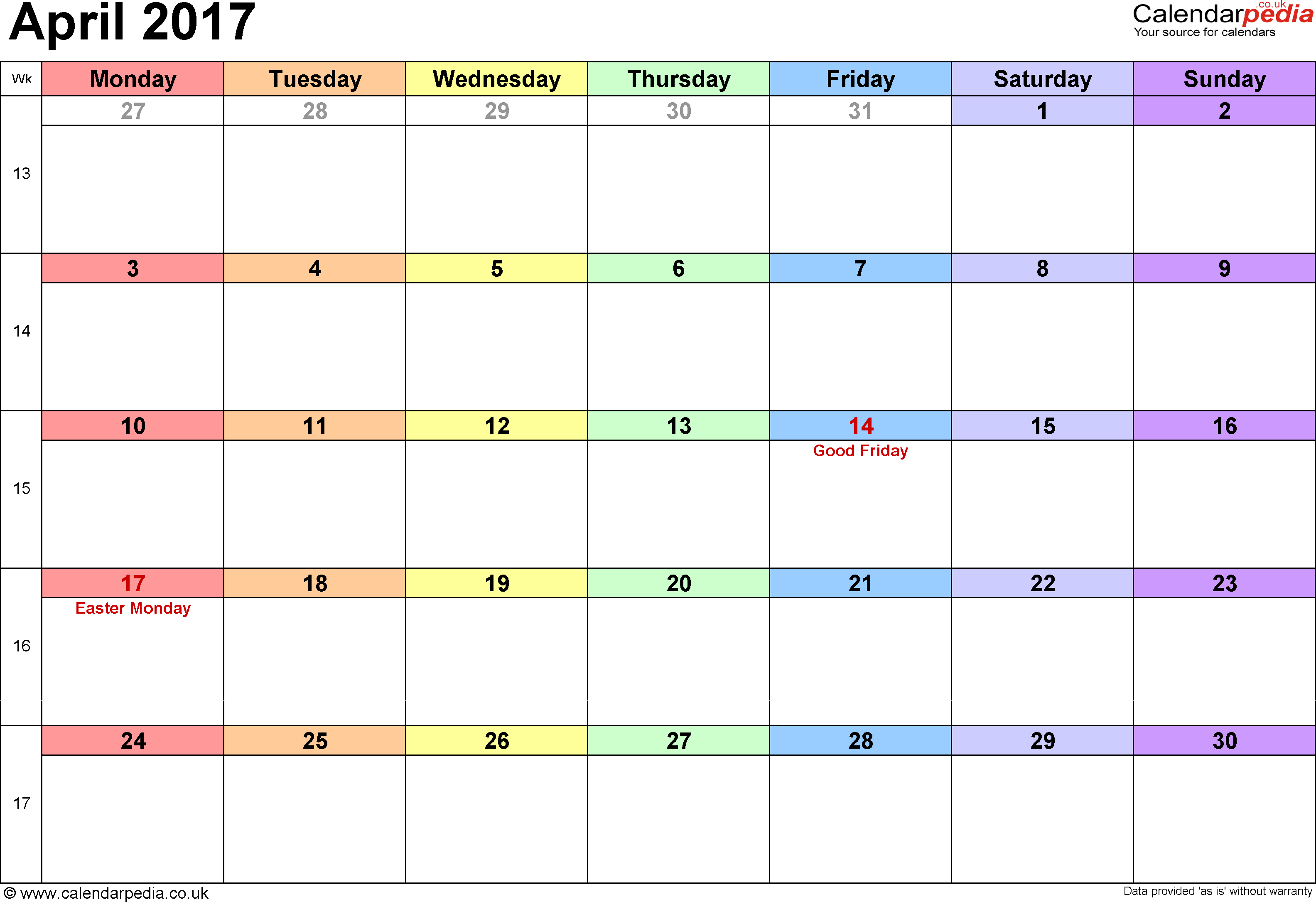 Calendar April 2017 UK, Bank Holidays, Excel/PDF/Word Templates