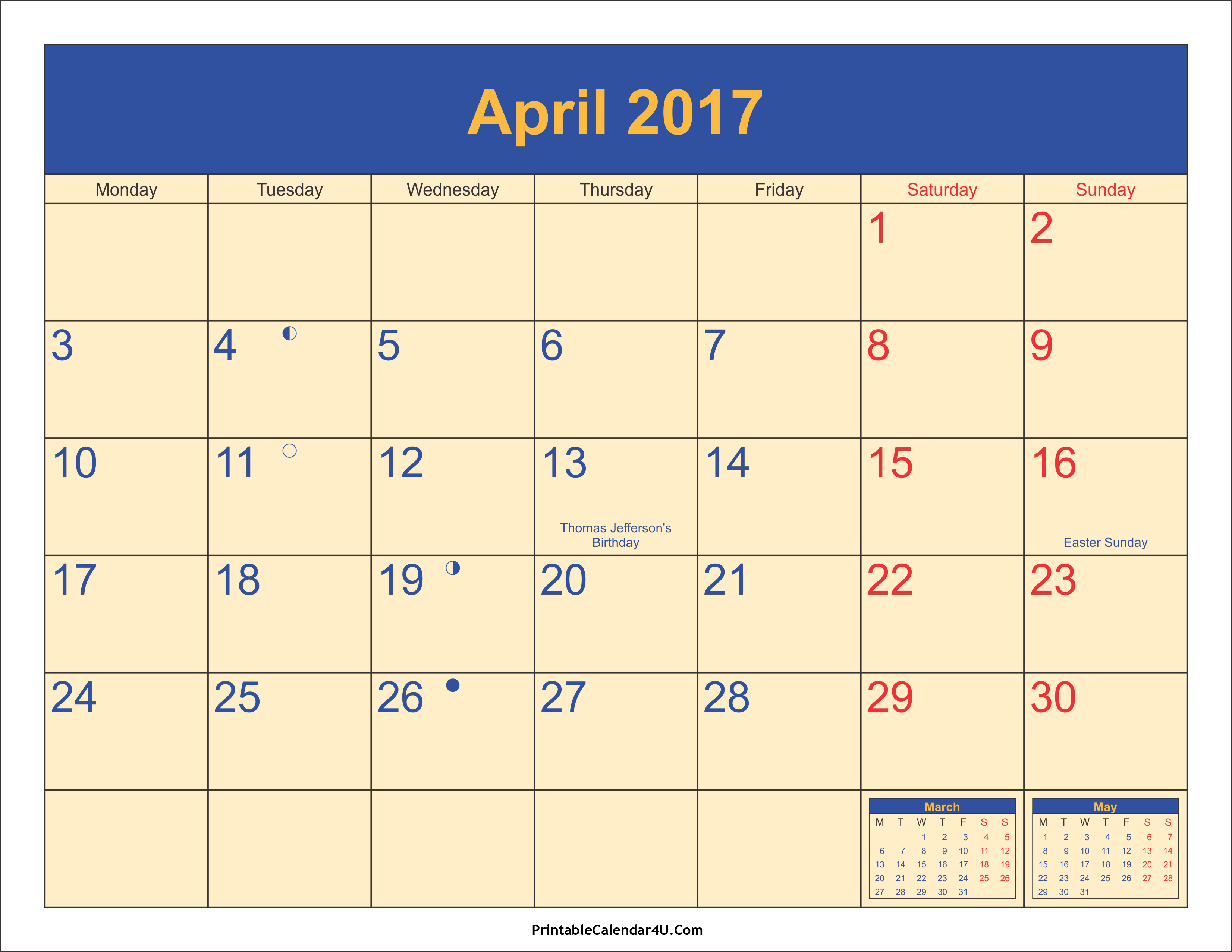 April 2017 Calendar With Holidays | weekly calendar template