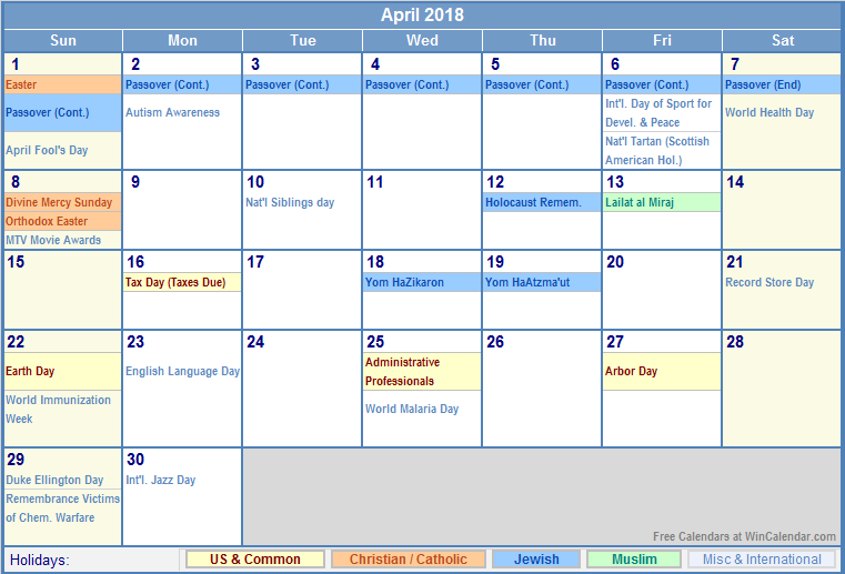 April 2018 Calendar With Holidays | free calendar 2017 April 2018 Calendar With Holidays | free calendar 2017