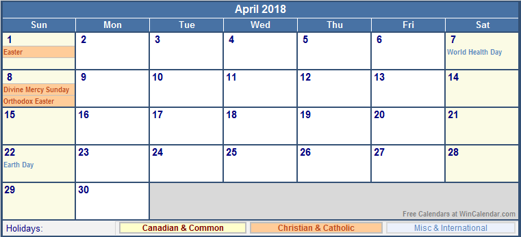 April 2018 Calendar With Holidays | yearly calendar printable
