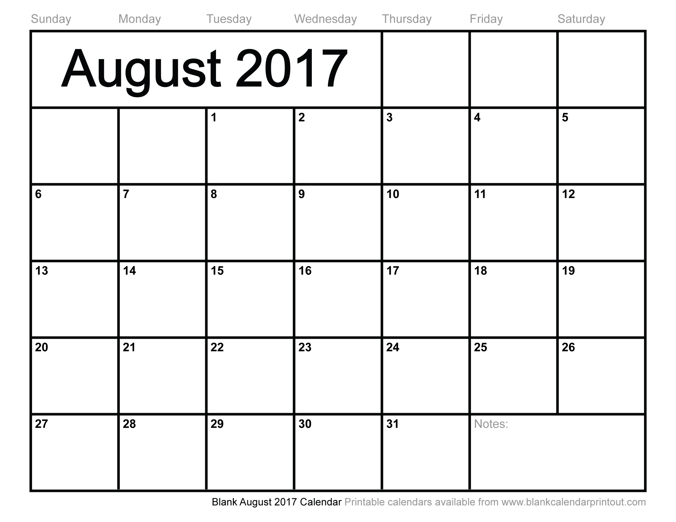 Blank August 2017 Calendar to Print