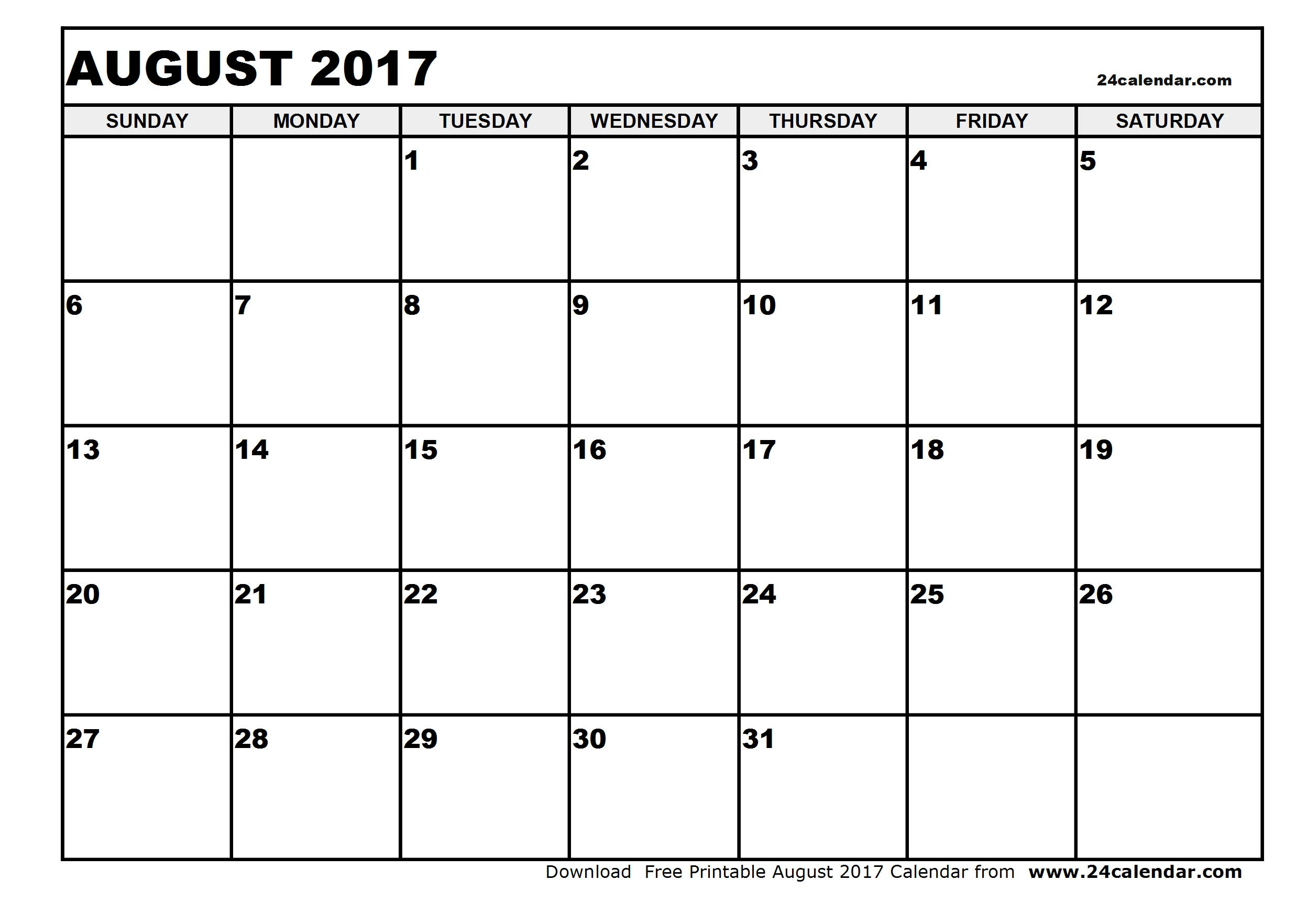 Blank August 2017 Calendar in Printable format.