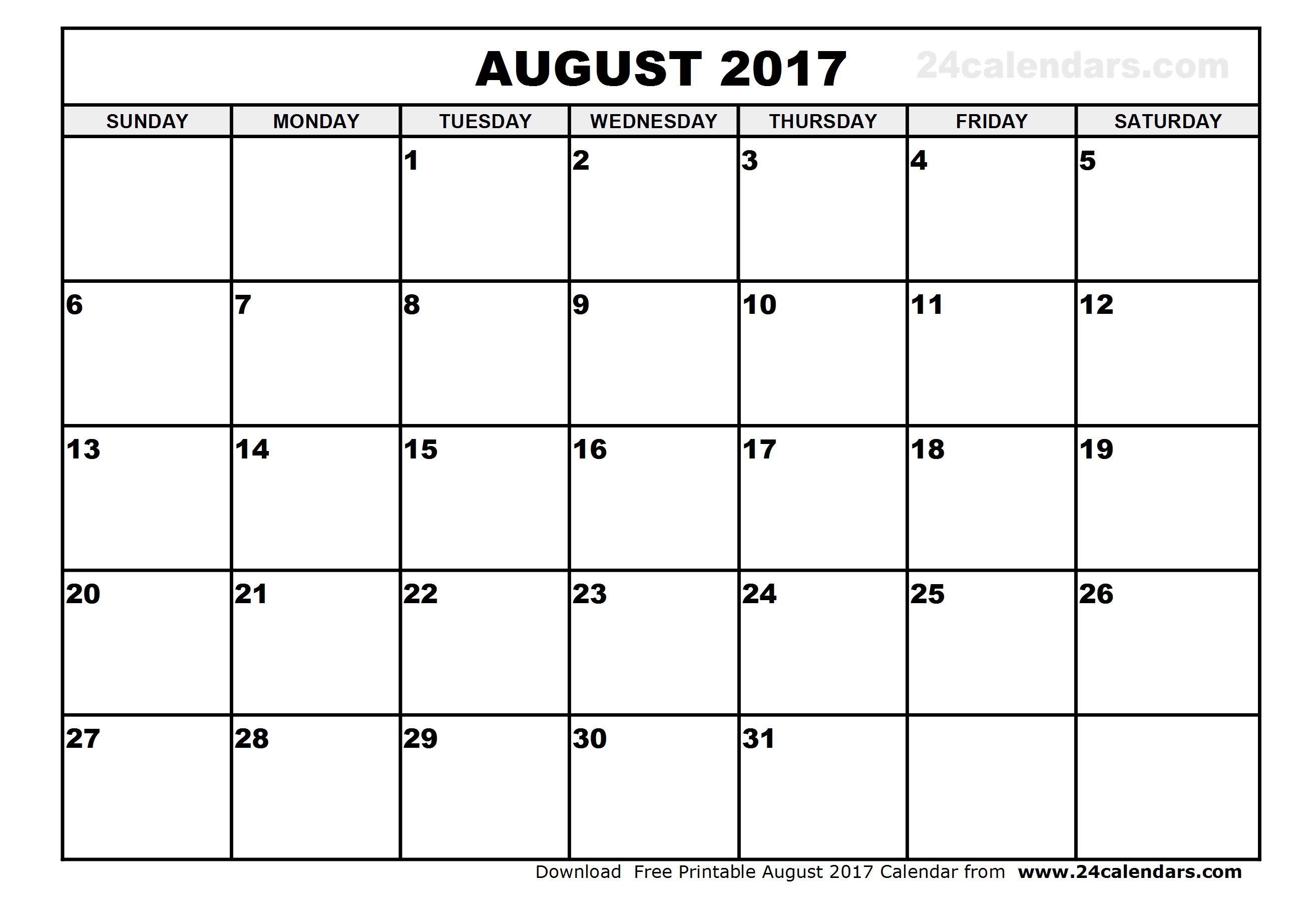 August 2017 Calendar Excel | weekly calendar template