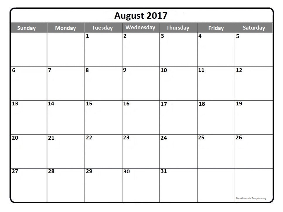 August 2017 Calendar Template | weekly calendar template