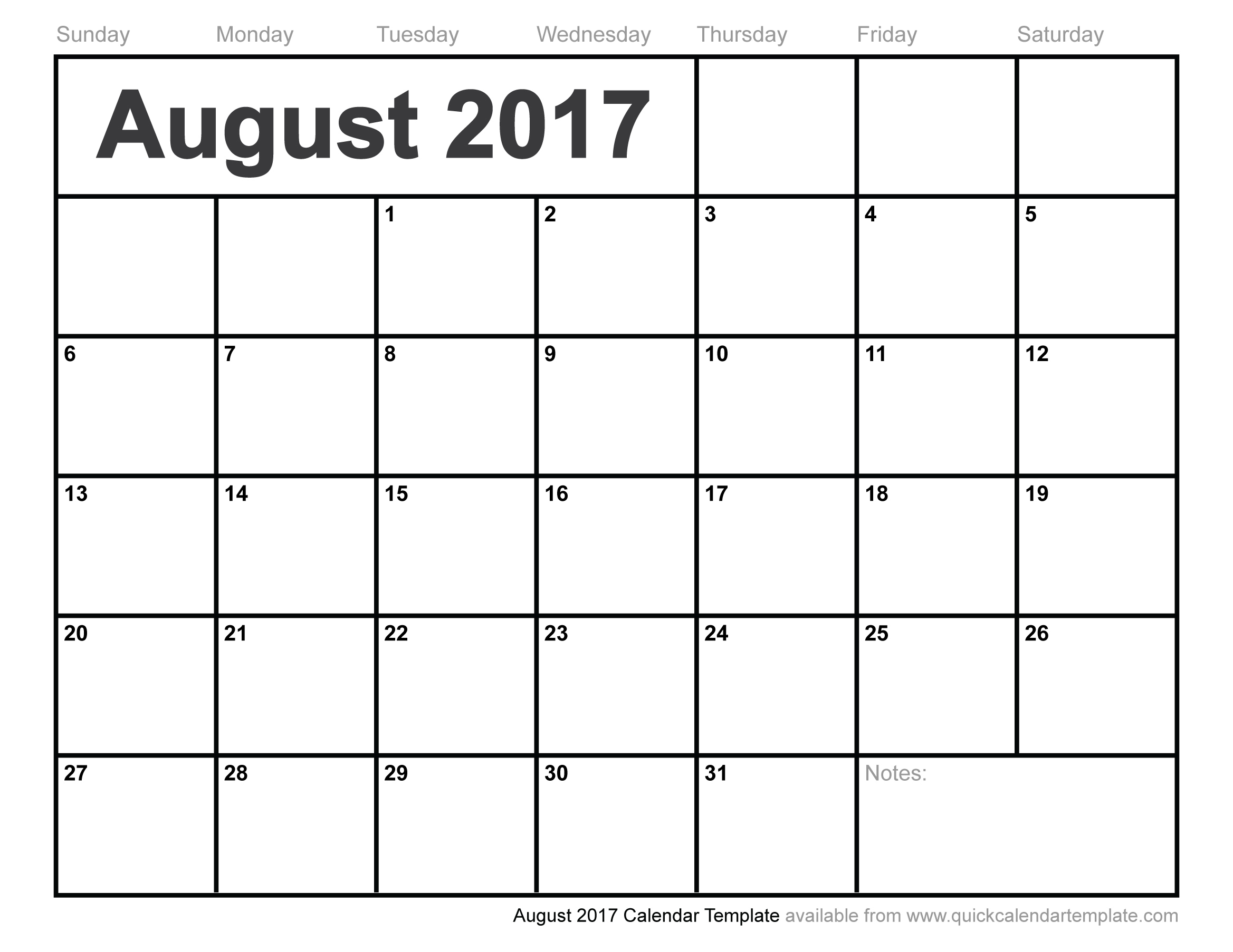 August 2017 Calendar Template Word