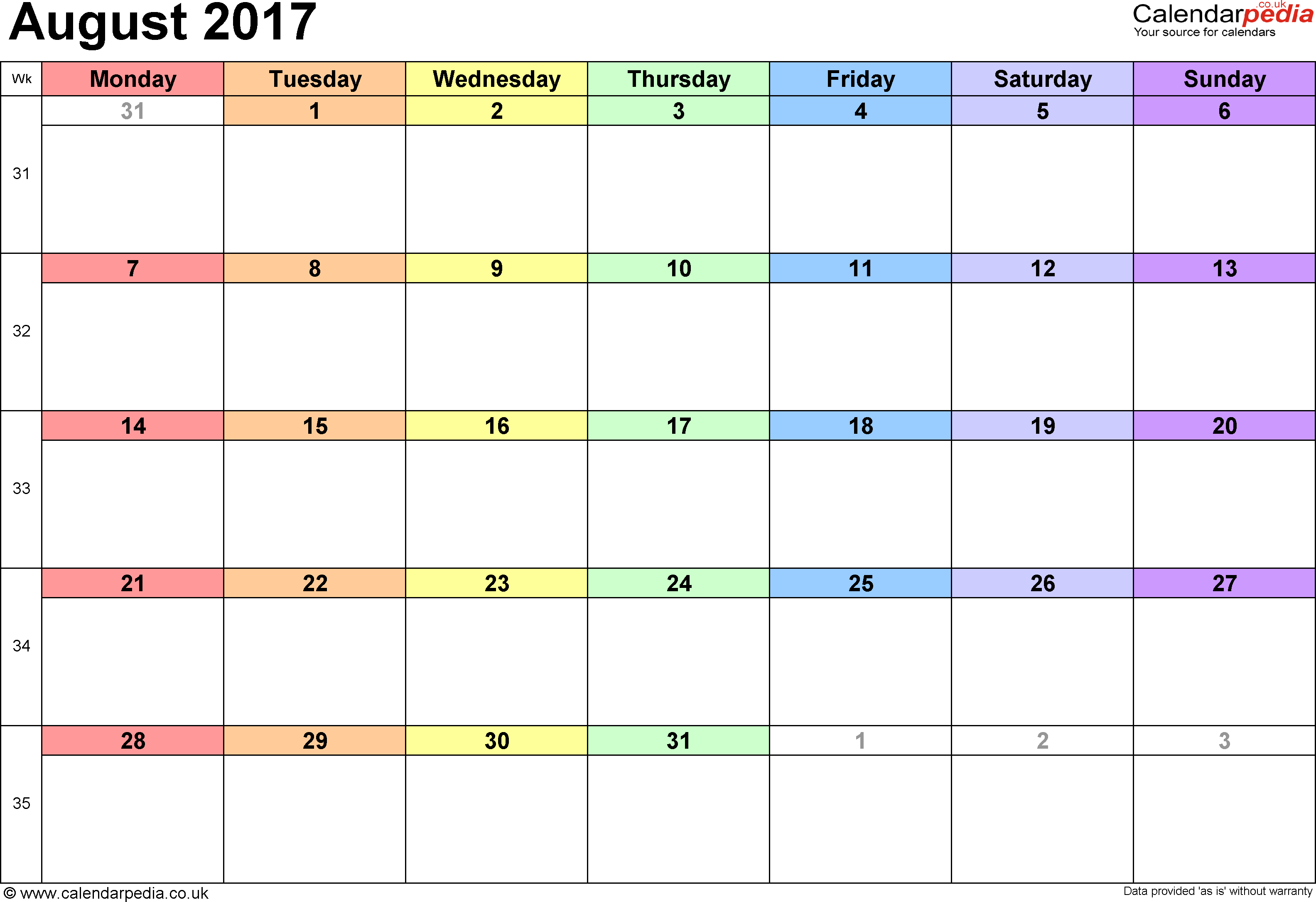 Calendar August 2017 UK, Bank Holidays, Excel/PDF/Word Templates