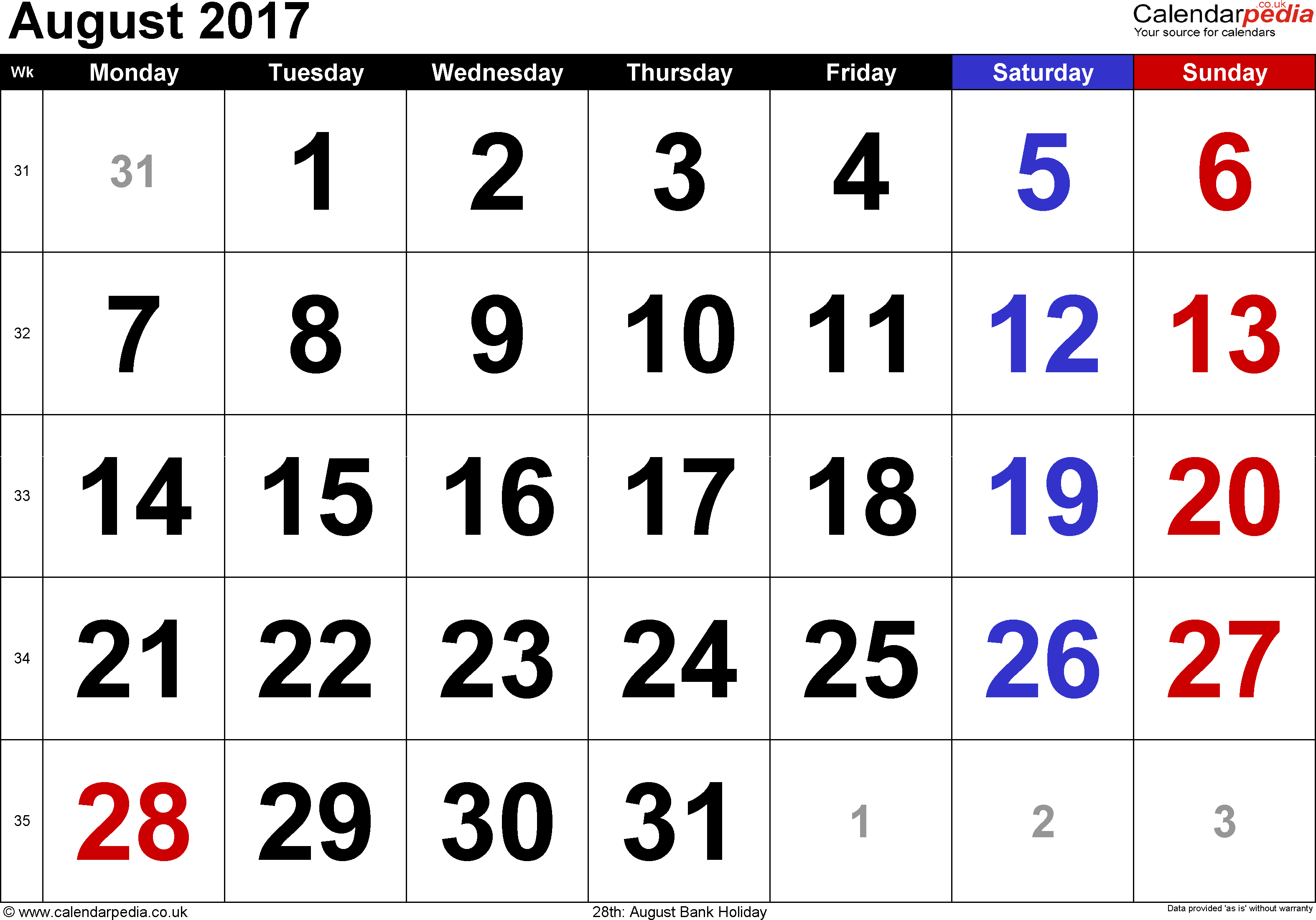 August 2017 Calendar With Holidays Uk | weekly calendar template