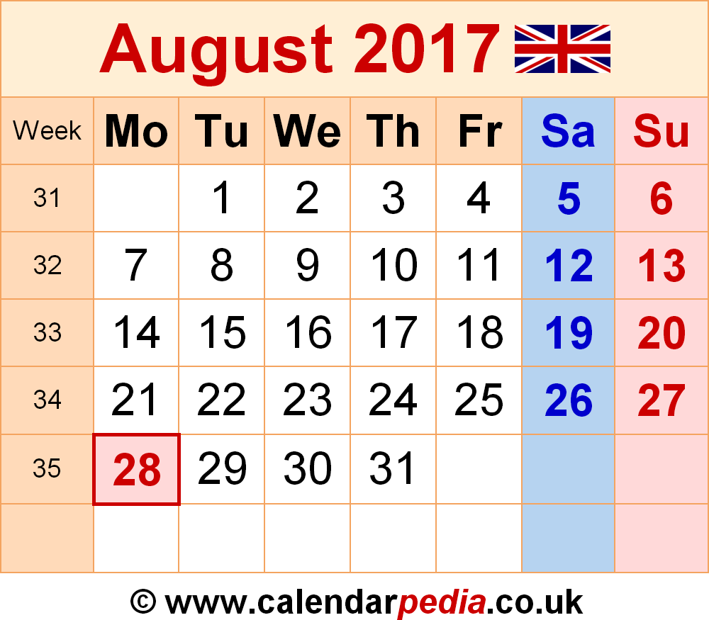 August 2017 Calendar Uk | 2017 calendar with holidays